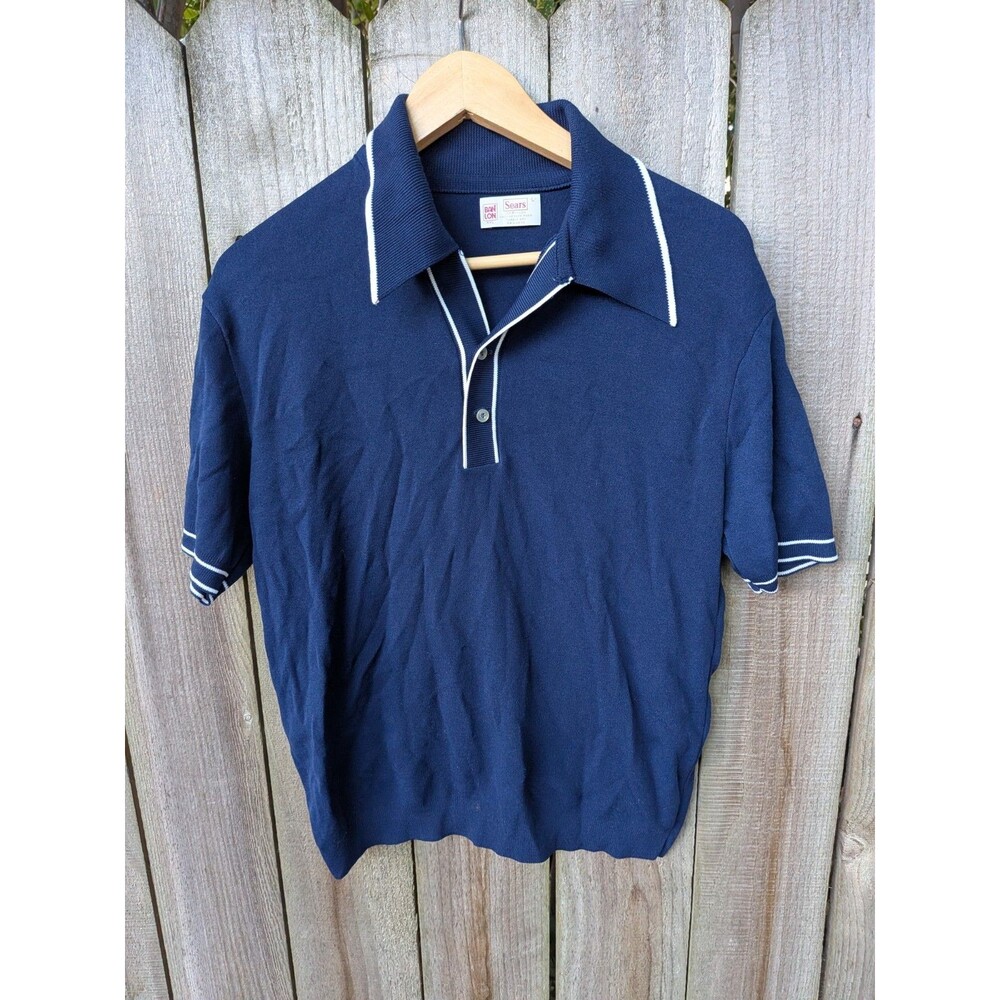 Vintage 70s Sears Banlon Polo Shirt Navy Blue White Trim Large Short Sleeve
